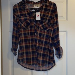 Women’s Navy Gold Plaid Button down Shirt